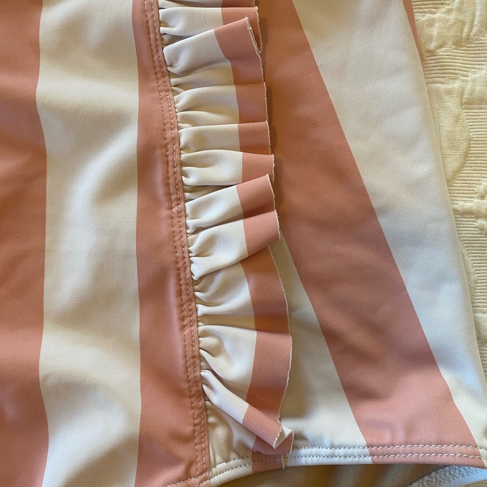 Kortni Jeane high waisted swimsuit bottoms. Pink & white striped ruffles. XS - Picture 2 of 7